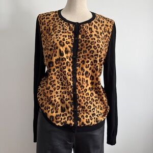 Alfred Sung - Black and Leopard Print Button Down Cardigan